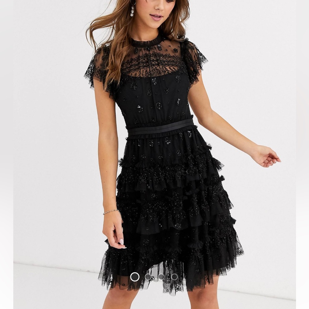 NEEDLE AND THREAD embroidered tiered black mini dress size 4